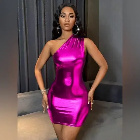 SOLD BOUTIQUE Metallic Bodycon Asymmetrical Fuchsia Dress Sz M - Picture 4 of 4